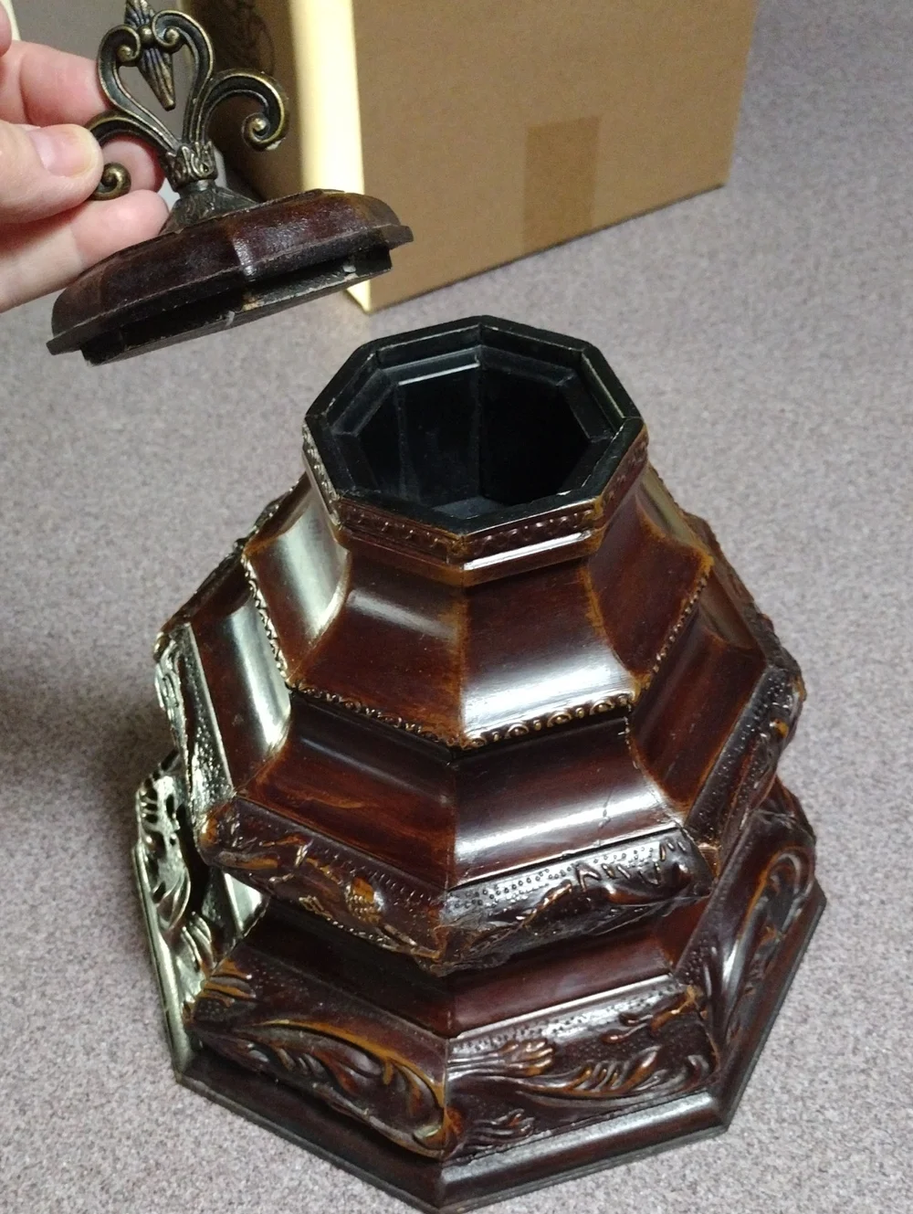 RARE Vintage Ornate Brown Decorative Wood Carved Accent Stash Box Brass Finial